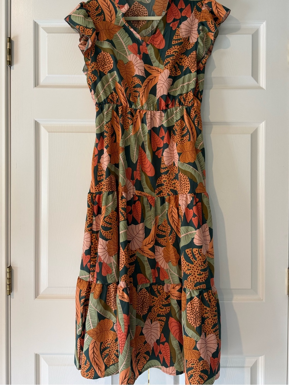 V-Neck Tiered Midi Dress in Deep Green with Coral and Peach Leaf Print